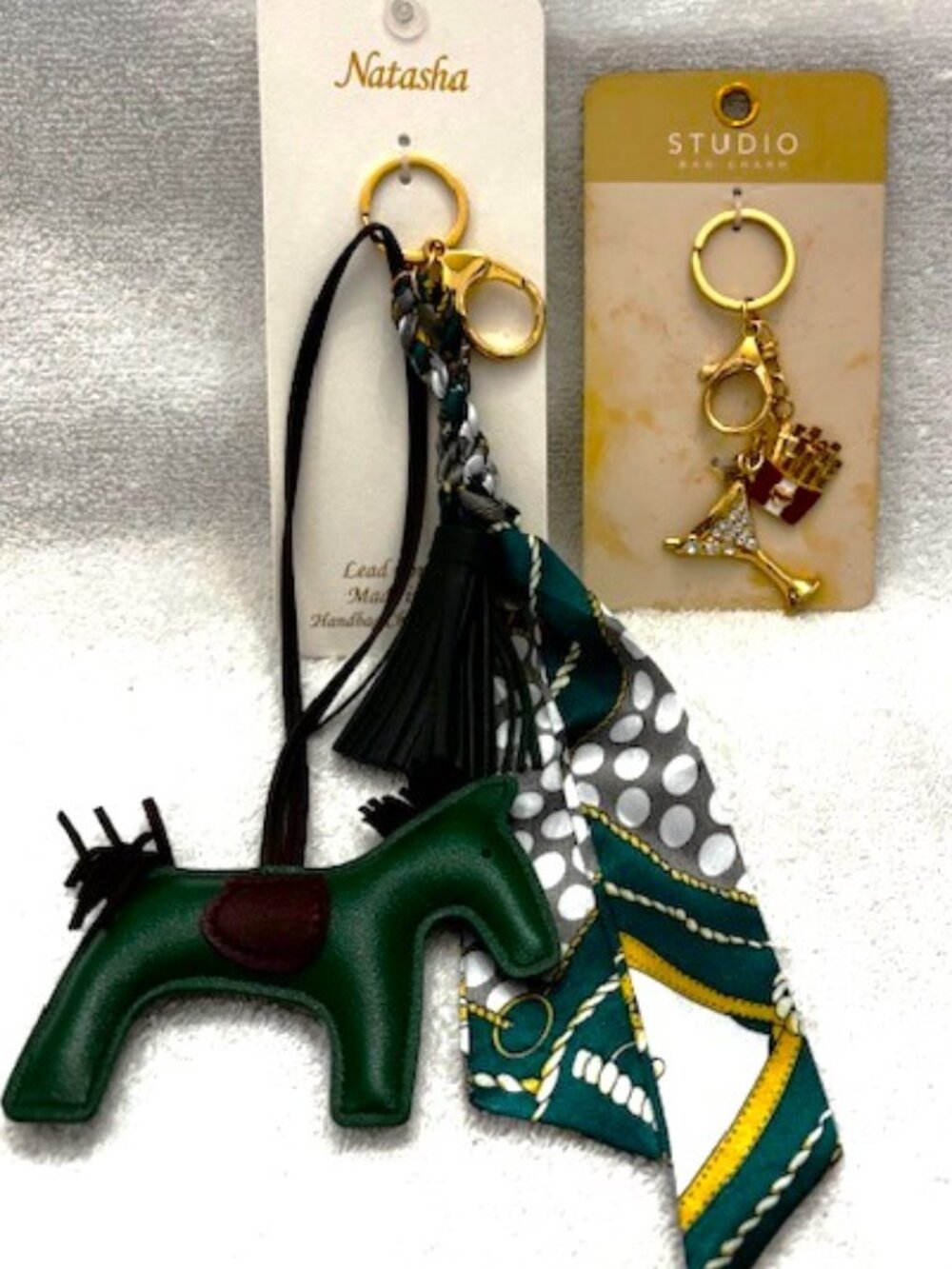 Two handbag charms - Natasha horse/scarf/tassel and Studio drink/fries NWT